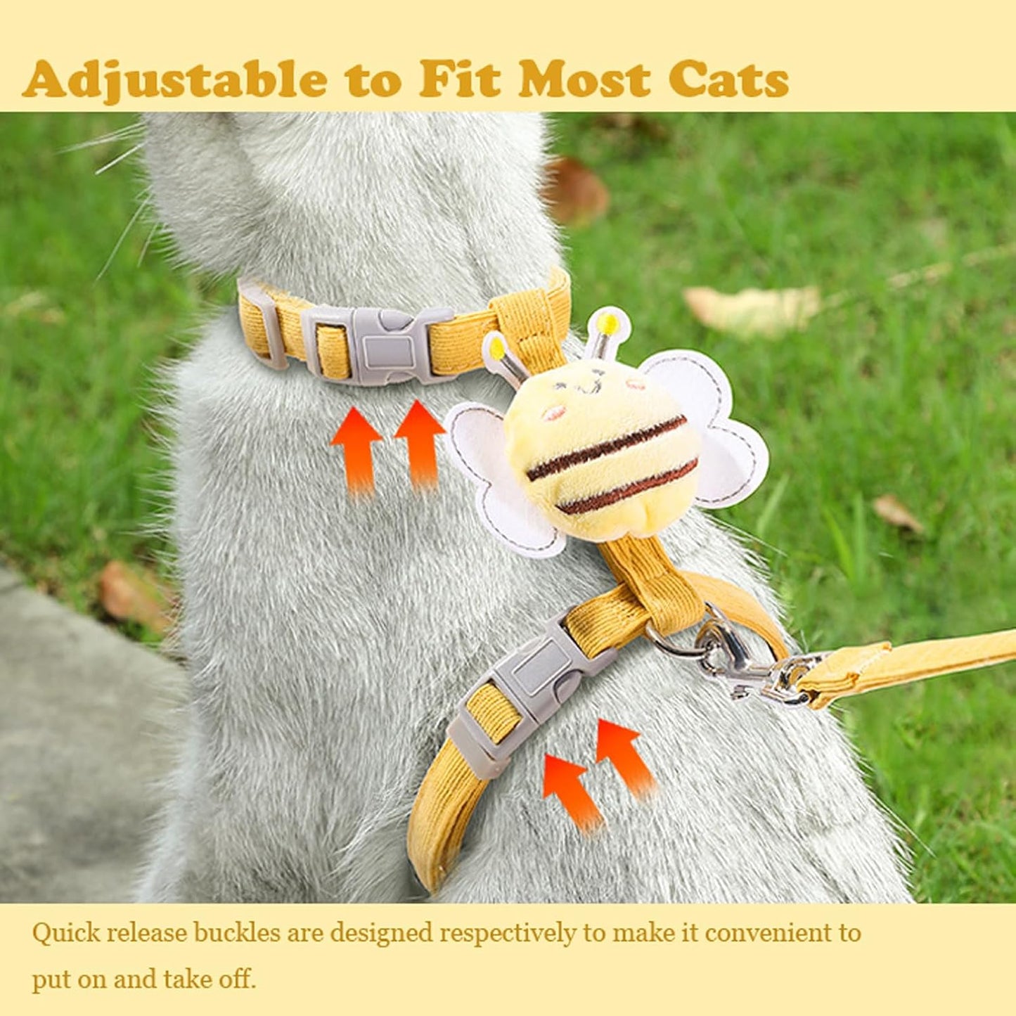 Cat Harness and Leash Set for Outdoor Travel Walking Escape Proof Soft Safe Adjustable Kitten Puppy Small Strap Kitty Cute Bee Wings Yellow S