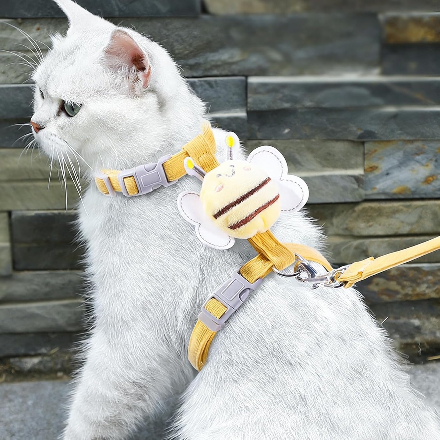 Cat Harness and Leash Set for Outdoor Travel Walking Escape Proof Soft Safe Adjustable Kitten Puppy Small Strap Kitty Cute Bee Wings Yellow S