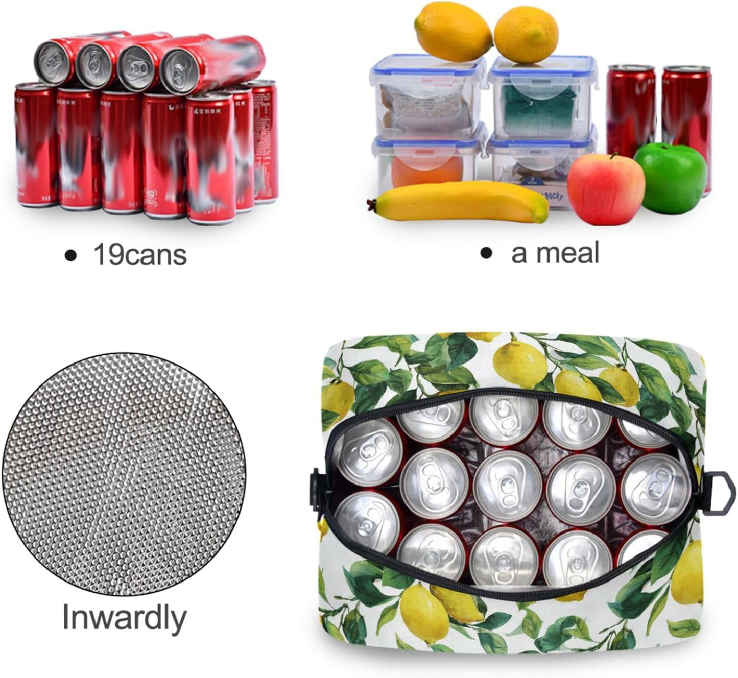 Lemon Lunch Box Summer Lime Leaves Lunch Bag Insulated Freezable Tropical Fruits Lunch Tote Kit Thermal Cooler for Office Picnic Travel Portable Reusable Handbag