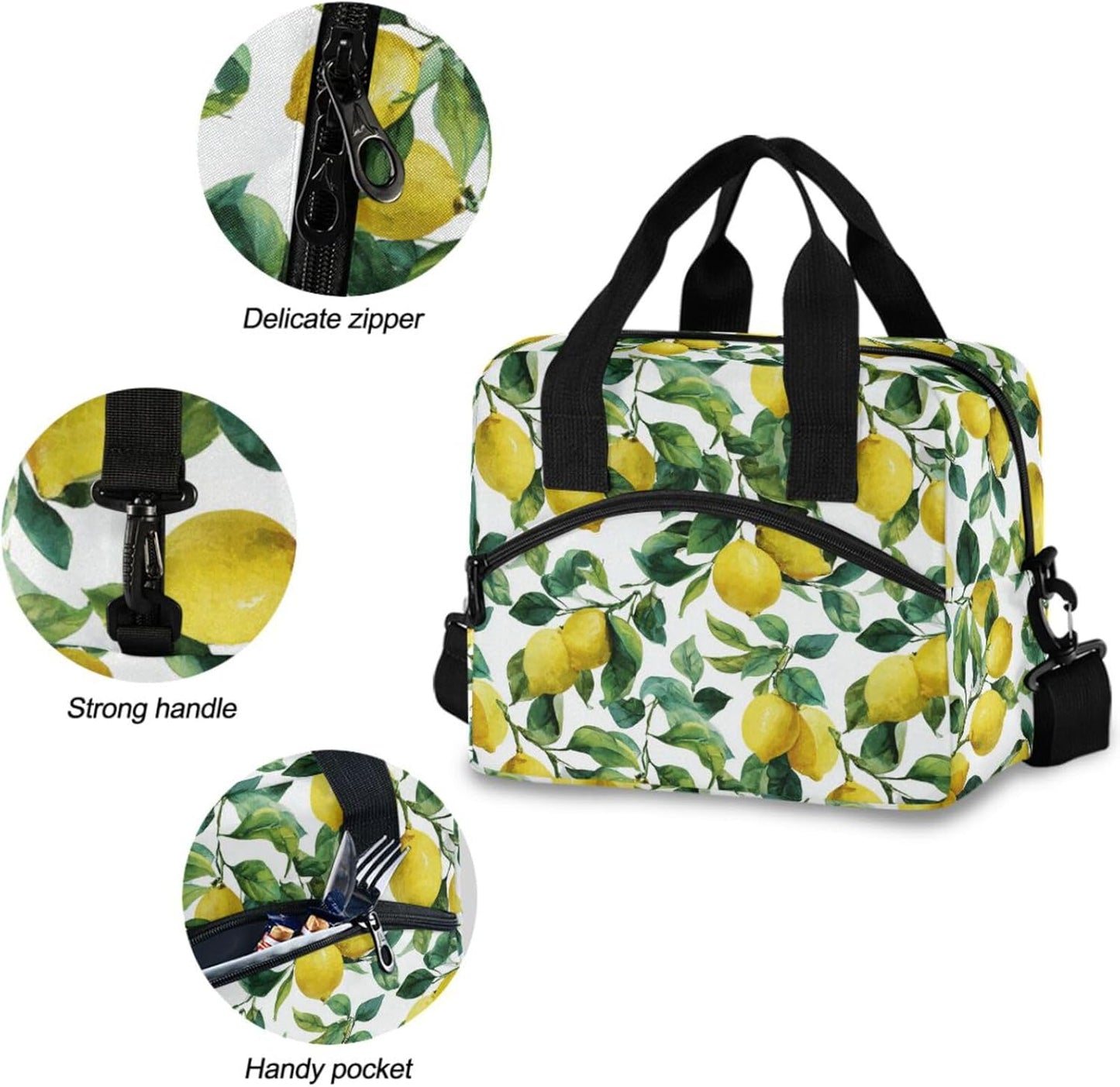 Lemon Lunch Box Summer Lime Leaves Lunch Bag Insulated Freezable Tropical Fruits Lunch Tote Kit Thermal Cooler for Office Picnic Travel Portable Reusable Handbag