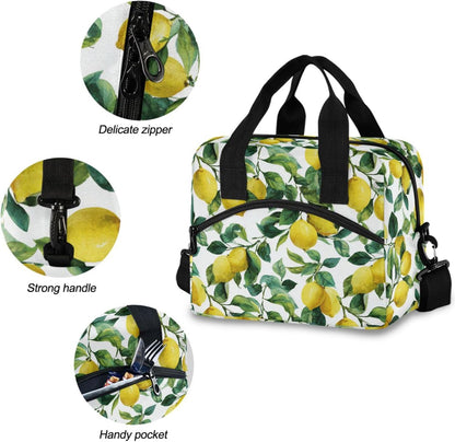 Lemon Lunch Box Summer Lime Leaves Lunch Bag Insulated Freezable Tropical Fruits Lunch Tote Kit Thermal Cooler for Office Picnic Travel Portable Reusable Handbag