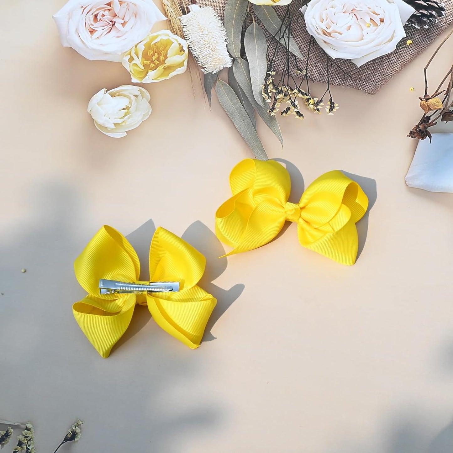 4.5" Alligator Hair Clips with Grosgrain Ribbon Bows - Solid Color Hair Accessories for Toddlers, Kids (Yellow)