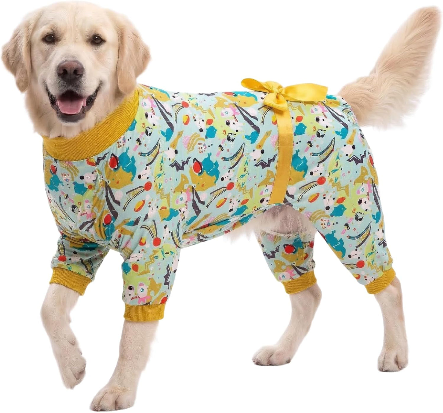 Pajamas for Large Dogs, Mint Outer Space Print, Wound Care and Post Surgery Onesie, UV Protection Fabric, Pet Anxiety Relief Shirt, Pet PJ's, Pitbull Clothes, Yellow M