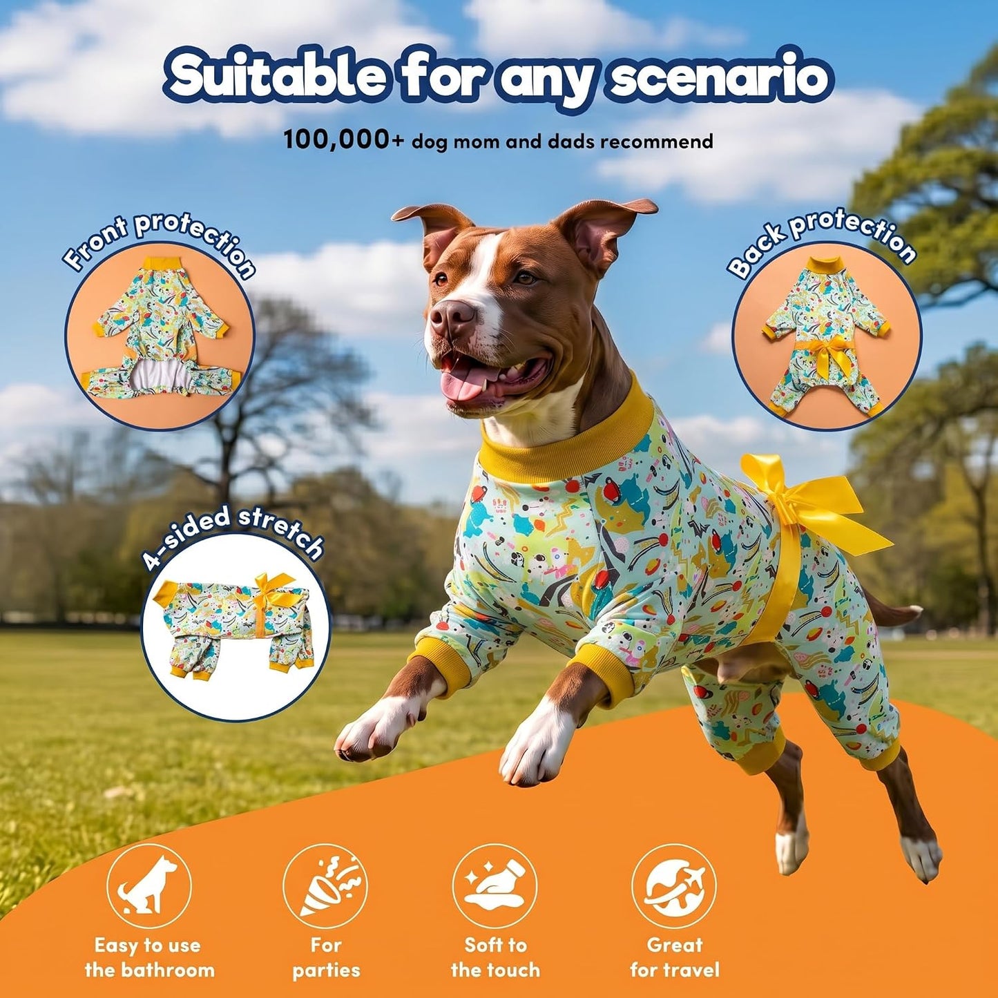 Pajamas for Large Dogs, Mint Outer Space Print, Wound Care and Post Surgery Onesie, UV Protection Fabric, Pet Anxiety Relief Shirt, Pet PJ's, Pitbull Clothes, Yellow M