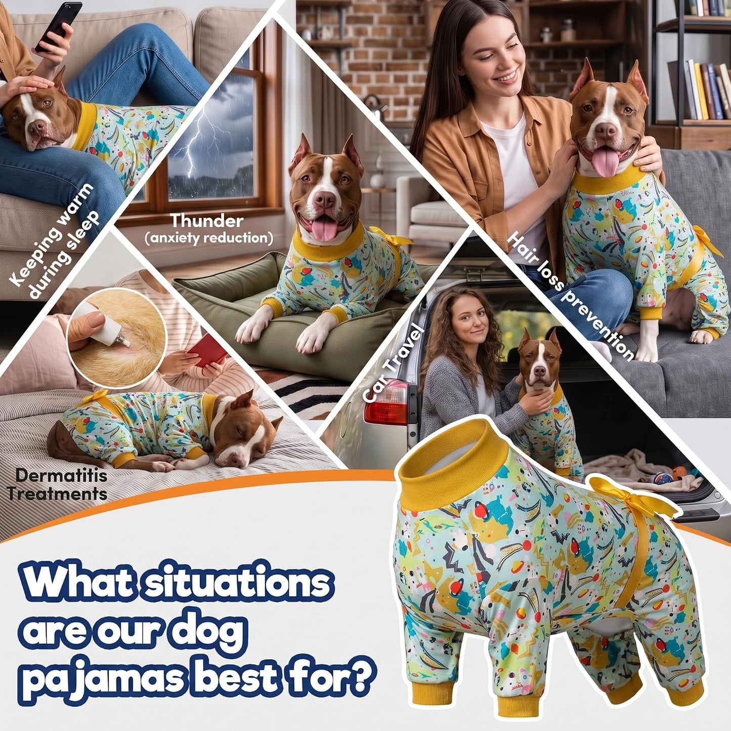 Pajamas for Large Dogs, Mint Outer Space Print, Wound Care and Post Surgery Onesie, UV Protection Fabric, Pet Anxiety Relief Shirt, Pet PJ's, Pitbull Clothes, Yellow M