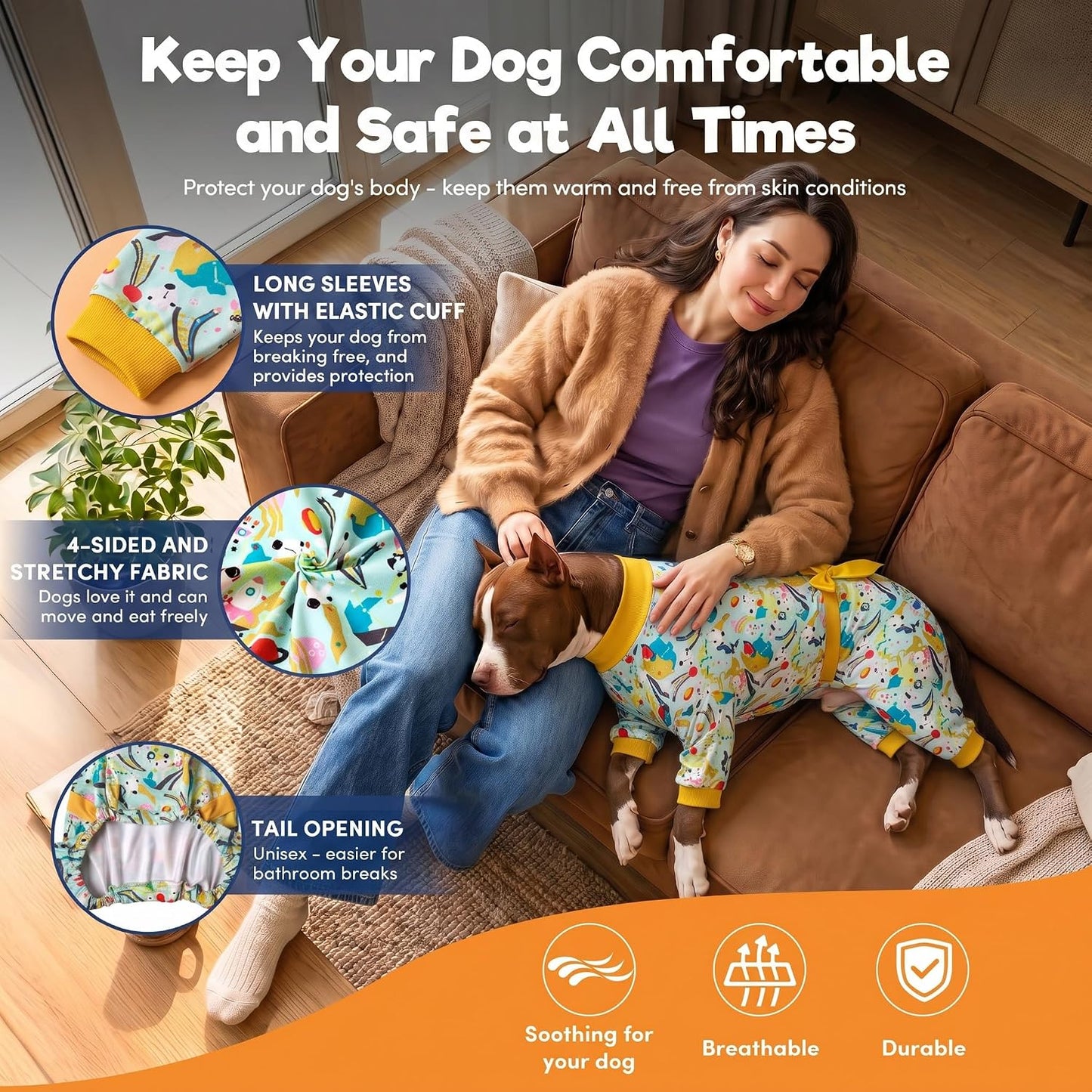 Pajamas for Large Dogs, Mint Outer Space Print, Wound Care and Post Surgery Onesie, UV Protection Fabric, Pet Anxiety Relief Shirt, Pet PJ's, Pitbull Clothes, Yellow M