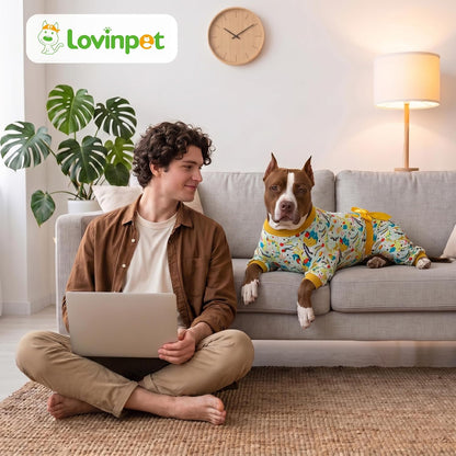 Pajamas for Large Dogs, Mint Outer Space Print, Wound Care and Post Surgery Onesie, UV Protection Fabric, Pet Anxiety Relief Shirt, Pet PJ's, Pitbull Clothes, Yellow M