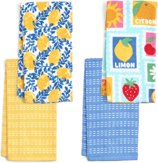 4-Piece Kitchen Towel Set, Citron Vine & Summer Fruit Stamp Prints with Yellow & Blue Textured Terry, 100% Cotton & Absorbent Blend, 16" x 26", Vintage Mediterranean Fruit Kitchen Decor