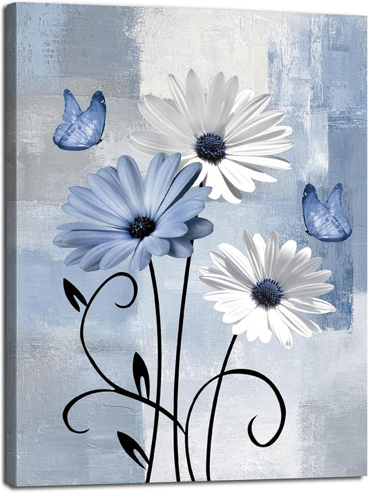 Blue and Yellow Floral Framed Canvas Wall Art, 16L X 12W inch | Rustic Wildflower Green Leaf Butterfly Flower Pictures Wall Decor Living Room Bedroom Bathroom Wall Art Ready to Hang