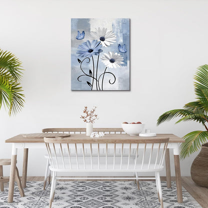 Blue and Yellow Floral Framed Canvas Wall Art, 16L X 12W inch | Rustic Wildflower Green Leaf Butterfly Flower Pictures Wall Decor Living Room Bedroom Bathroom Wall Art Ready to Hang