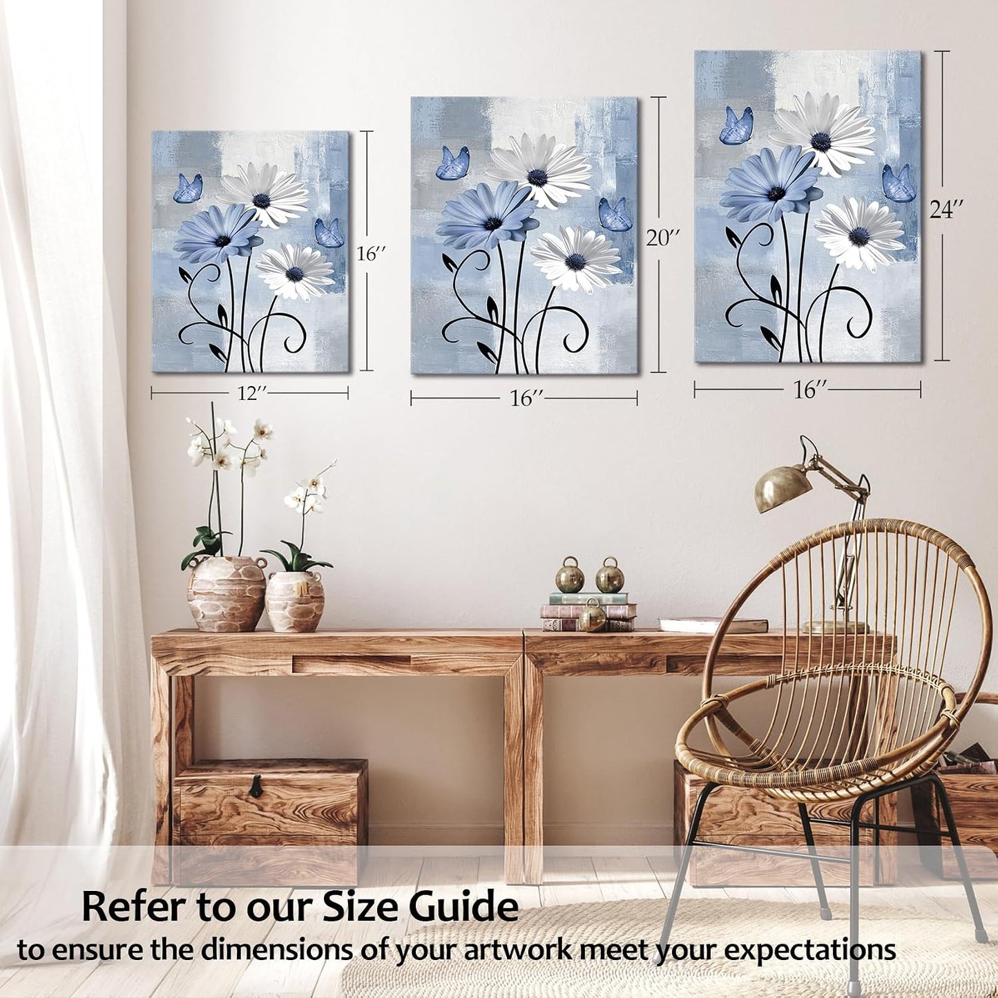 Blue and Yellow Floral Framed Canvas Wall Art, 16L X 12W inch | Rustic Wildflower Green Leaf Butterfly Flower Pictures Wall Decor Living Room Bedroom Bathroom Wall Art Ready to Hang
