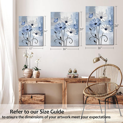 Blue and Yellow Floral Framed Canvas Wall Art, 16L X 12W inch | Rustic Wildflower Green Leaf Butterfly Flower Pictures Wall Decor Living Room Bedroom Bathroom Wall Art Ready to Hang