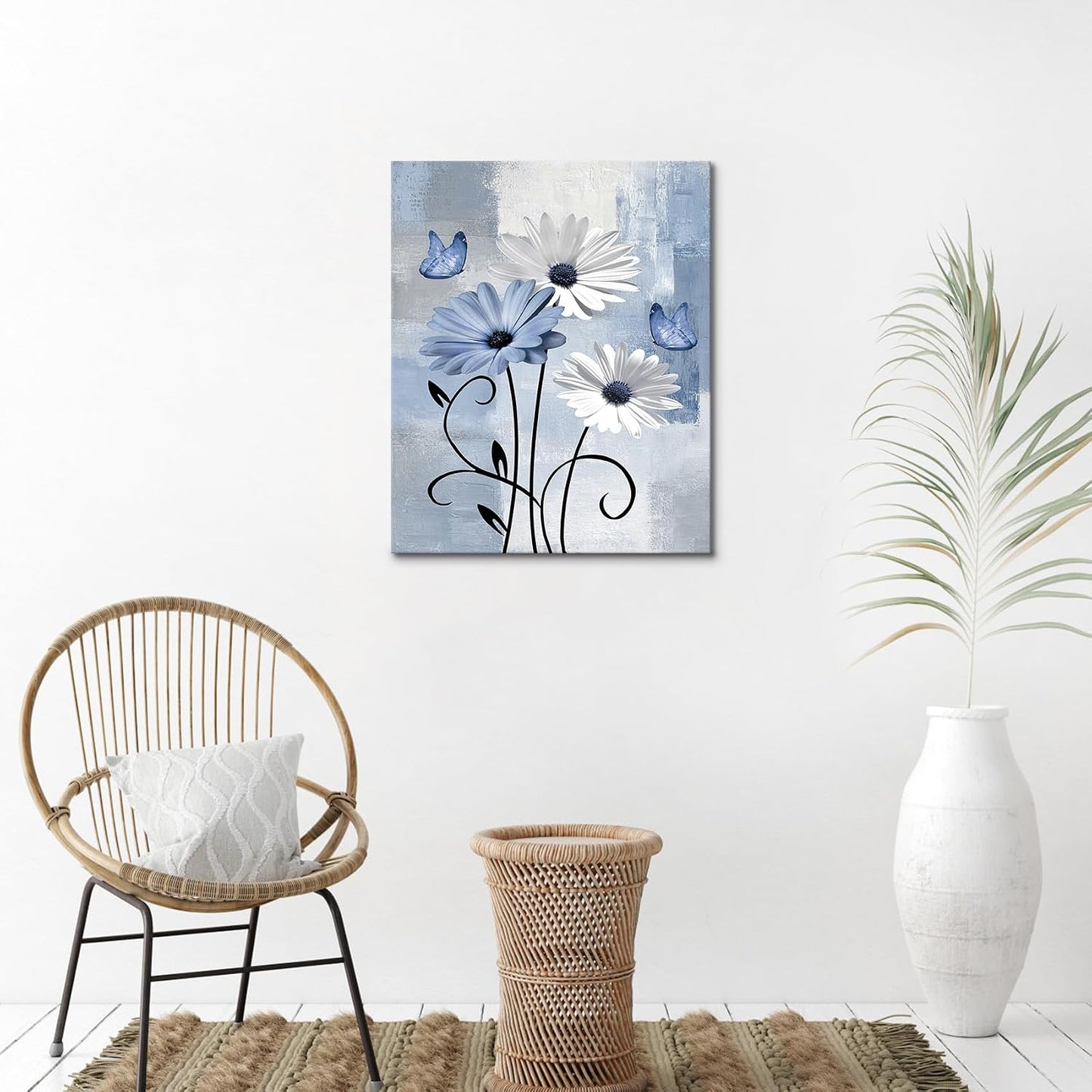 Blue and Yellow Floral Framed Canvas Wall Art, 16L X 12W inch | Rustic Wildflower Green Leaf Butterfly Flower Pictures Wall Decor Living Room Bedroom Bathroom Wall Art Ready to Hang
