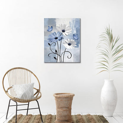 Blue and Yellow Floral Framed Canvas Wall Art, 16L X 12W inch | Rustic Wildflower Green Leaf Butterfly Flower Pictures Wall Decor Living Room Bedroom Bathroom Wall Art Ready to Hang