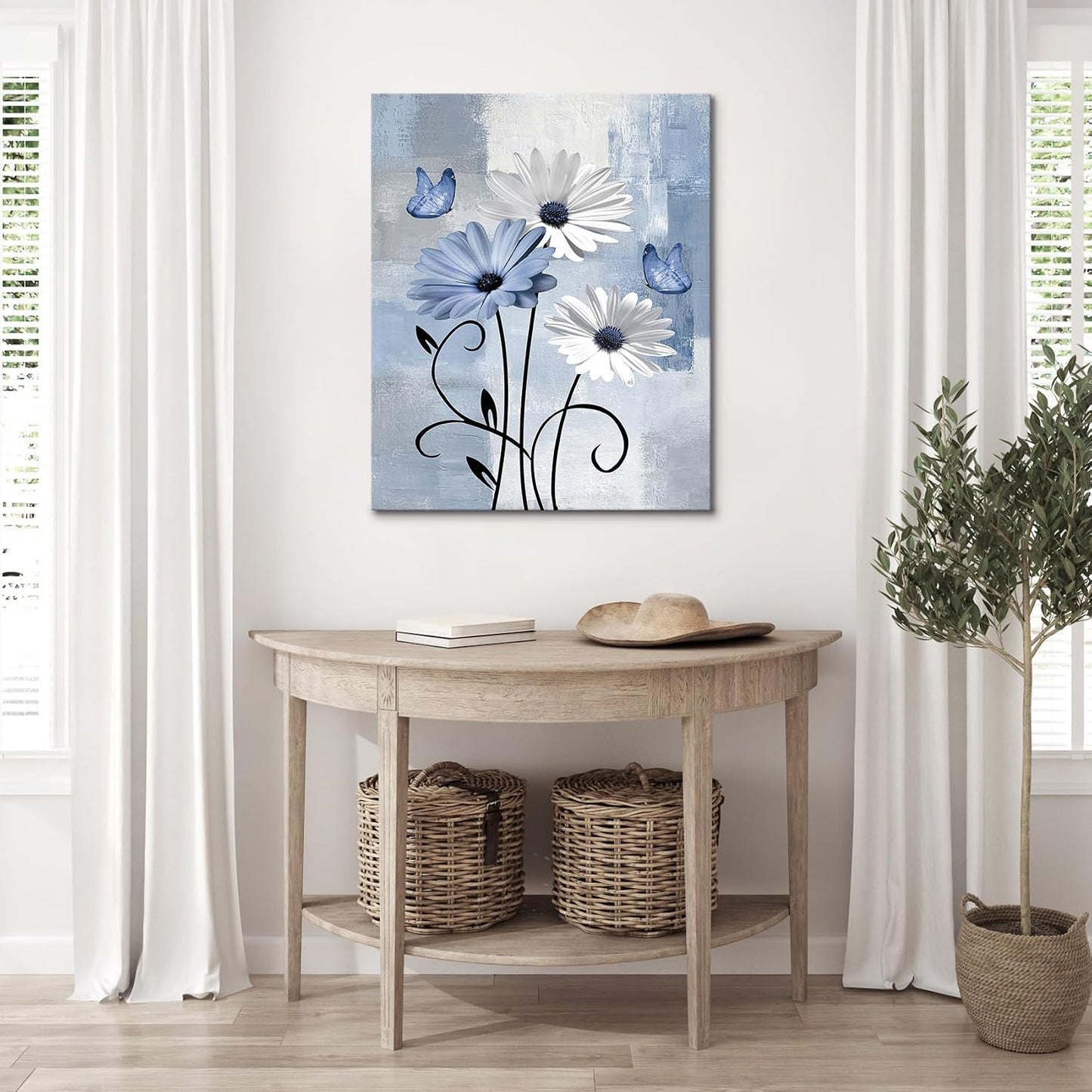 Blue and Yellow Floral Framed Canvas Wall Art, 16L X 12W inch | Rustic Wildflower Green Leaf Butterfly Flower Pictures Wall Decor Living Room Bedroom Bathroom Wall Art Ready to Hang