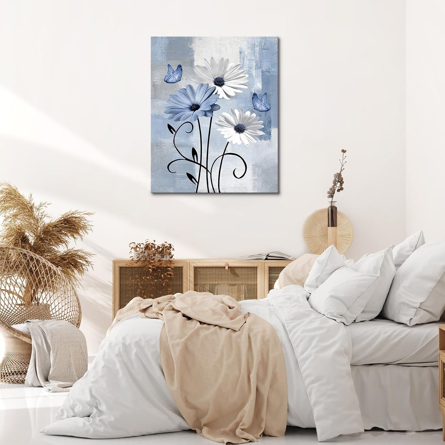 Blue and Yellow Floral Framed Canvas Wall Art, 16L X 12W inch | Rustic Wildflower Green Leaf Butterfly Flower Pictures Wall Decor Living Room Bedroom Bathroom Wall Art Ready to Hang
