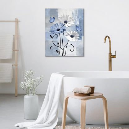 Blue and Yellow Floral Framed Canvas Wall Art, 16L X 12W inch | Rustic Wildflower Green Leaf Butterfly Flower Pictures Wall Decor Living Room Bedroom Bathroom Wall Art Ready to Hang