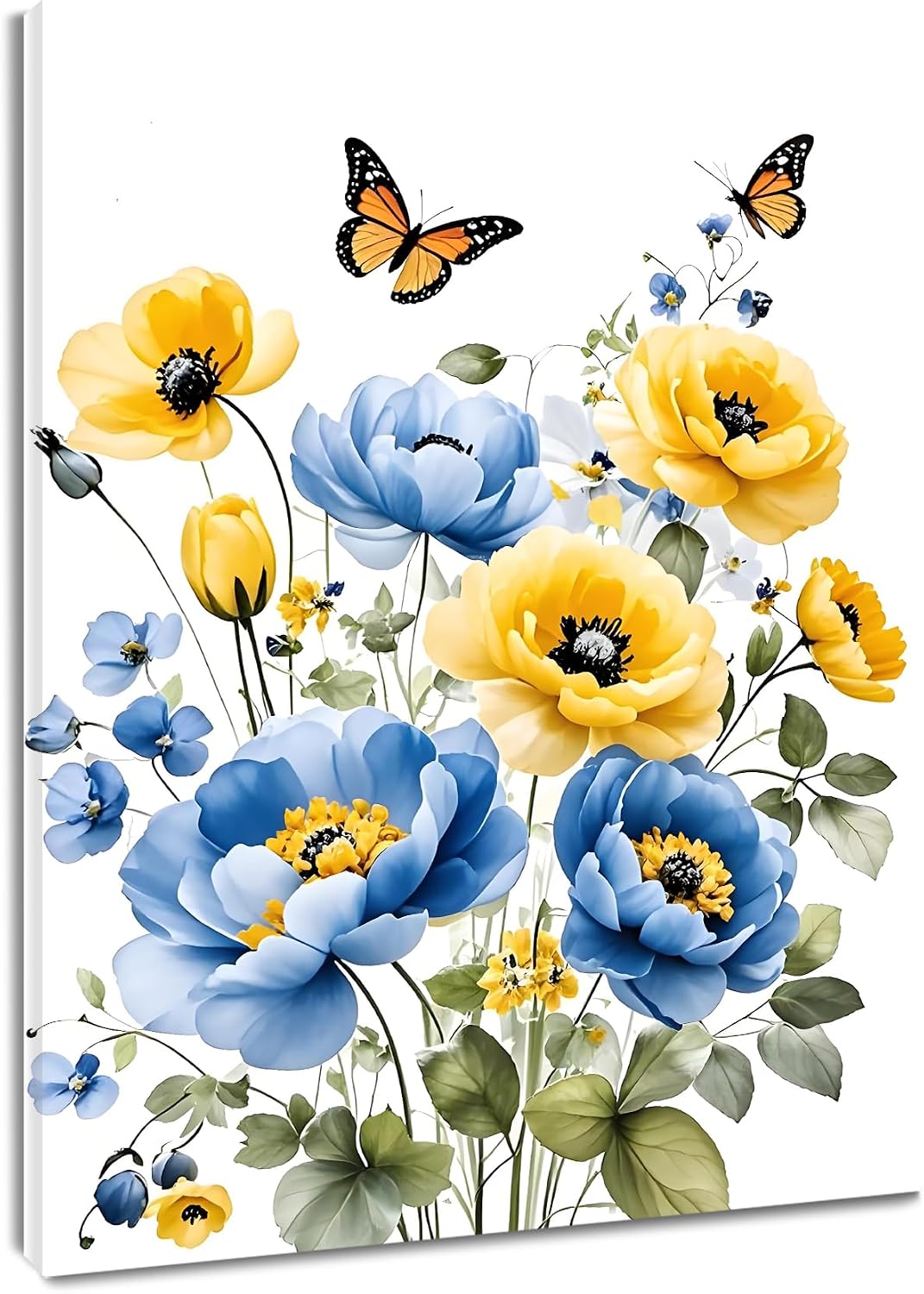 Blue and Yellow Floral Framed Canvas Wall Art, 16L X 12W inch | Rustic Wildflower Green Leaf Butterfly Flower Pictures Wall Decor Living Room Bedroom Bathroom Wall Art Ready to Hang