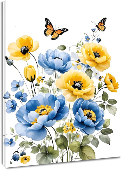 Blue and Yellow Floral Framed Canvas Wall Art, 16L X 12W inch | Rustic Wildflower Green Leaf Butterfly Flower Pictures Wall Decor Living Room Bedroom Bathroom Wall Art Ready to Hang