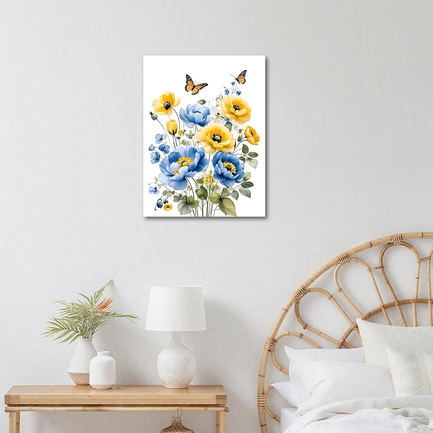 Blue and Yellow Floral Framed Canvas Wall Art, 16L X 12W inch | Rustic Wildflower Green Leaf Butterfly Flower Pictures Wall Decor Living Room Bedroom Bathroom Wall Art Ready to Hang