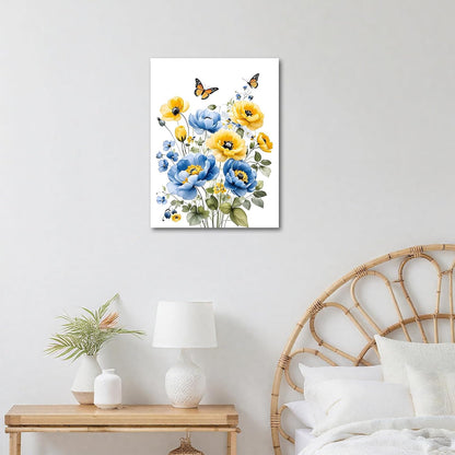 Blue and Yellow Floral Framed Canvas Wall Art, 16L X 12W inch | Rustic Wildflower Green Leaf Butterfly Flower Pictures Wall Decor Living Room Bedroom Bathroom Wall Art Ready to Hang