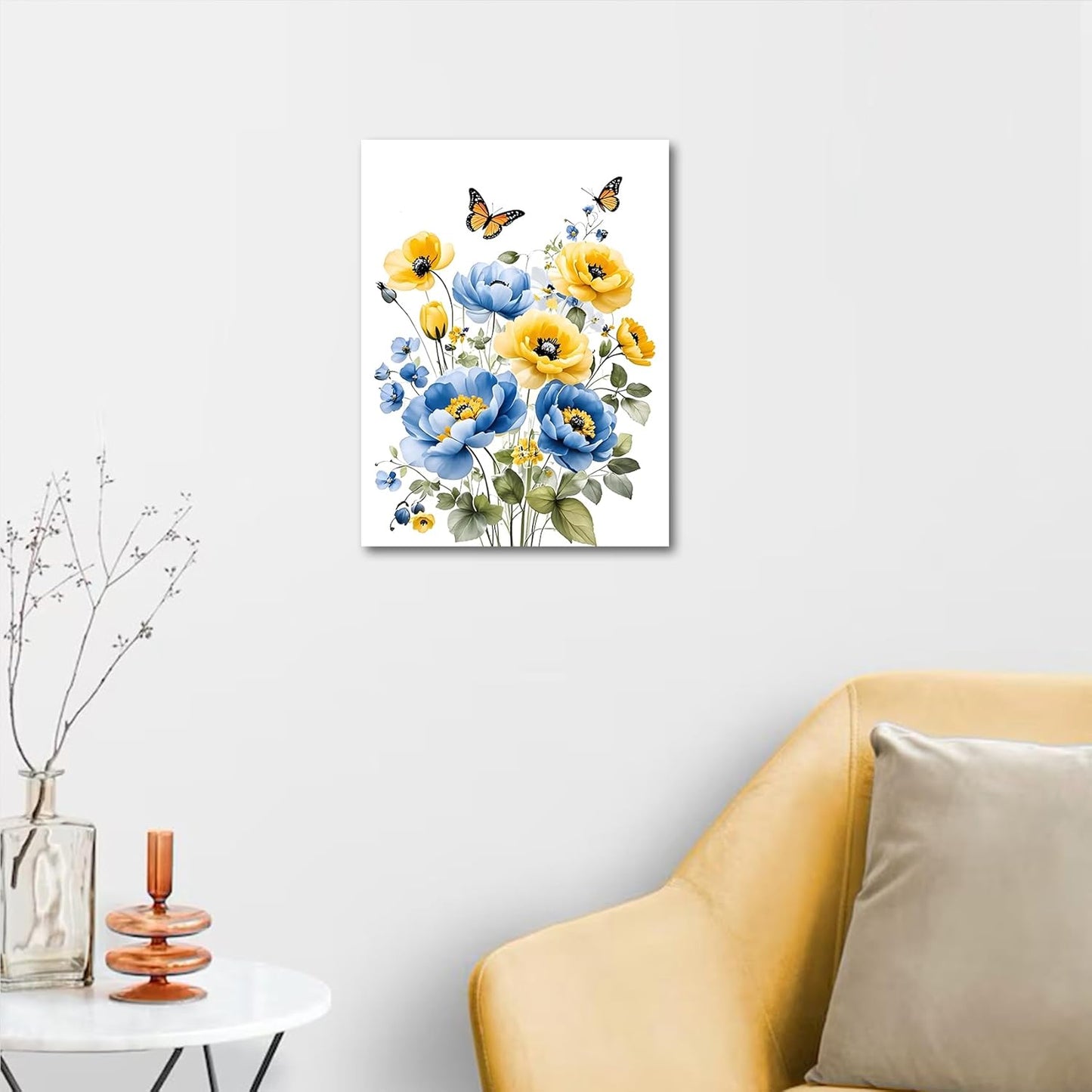 Blue and Yellow Floral Framed Canvas Wall Art, 16L X 12W inch | Rustic Wildflower Green Leaf Butterfly Flower Pictures Wall Decor Living Room Bedroom Bathroom Wall Art Ready to Hang