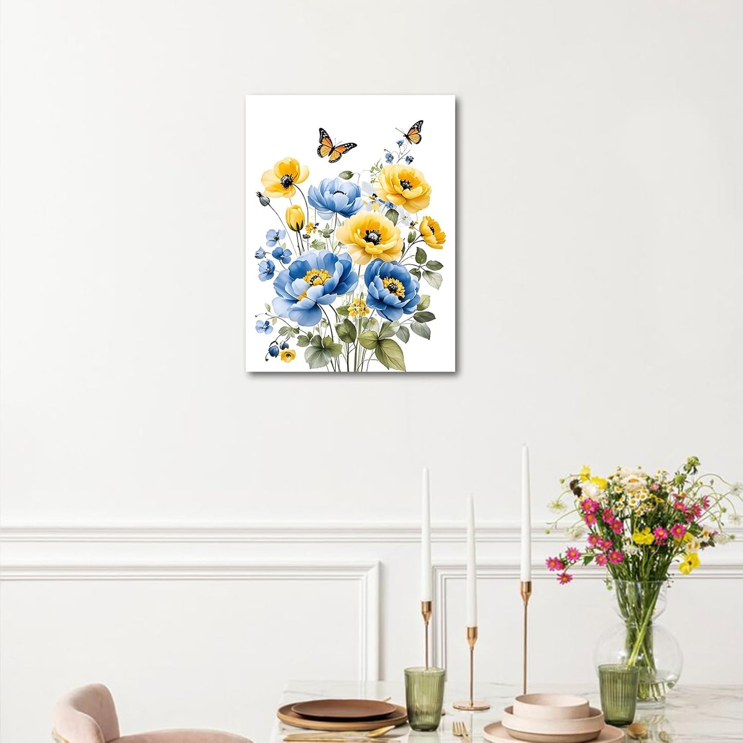 Blue and Yellow Floral Framed Canvas Wall Art, 16L X 12W inch | Rustic Wildflower Green Leaf Butterfly Flower Pictures Wall Decor Living Room Bedroom Bathroom Wall Art Ready to Hang