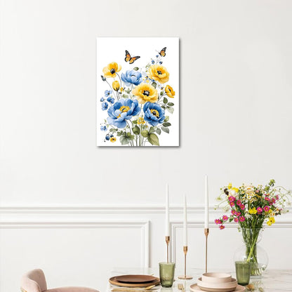 Blue and Yellow Floral Framed Canvas Wall Art, 16L X 12W inch | Rustic Wildflower Green Leaf Butterfly Flower Pictures Wall Decor Living Room Bedroom Bathroom Wall Art Ready to Hang