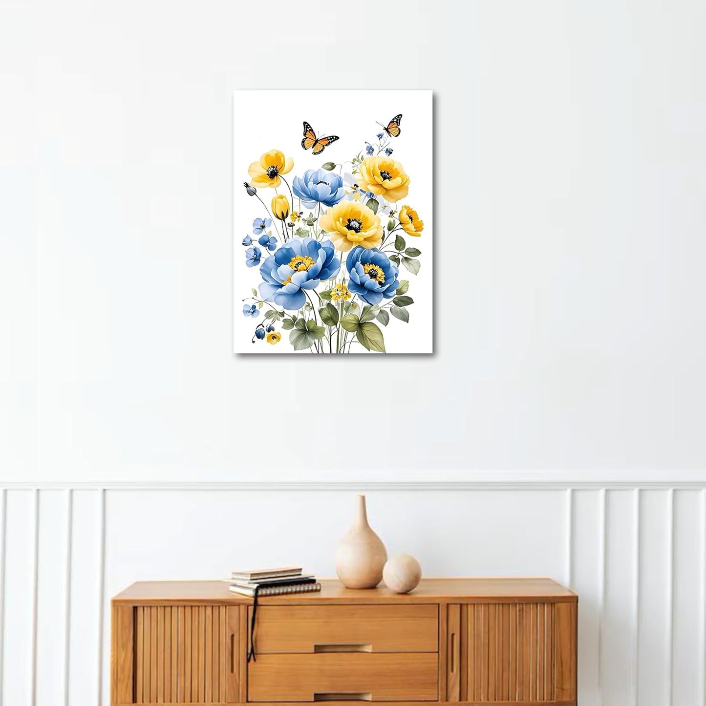 Blue and Yellow Floral Framed Canvas Wall Art, 16L X 12W inch | Rustic Wildflower Green Leaf Butterfly Flower Pictures Wall Decor Living Room Bedroom Bathroom Wall Art Ready to Hang