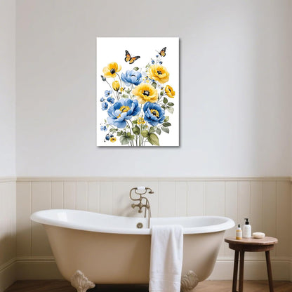 Blue and Yellow Floral Framed Canvas Wall Art, 16L X 12W inch | Rustic Wildflower Green Leaf Butterfly Flower Pictures Wall Decor Living Room Bedroom Bathroom Wall Art Ready to Hang