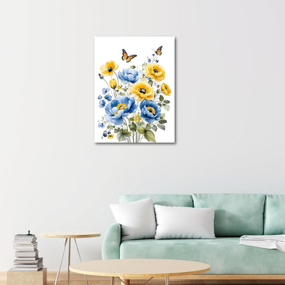 Blue and Yellow Floral Framed Canvas Wall Art, 16L X 12W inch | Rustic Wildflower Green Leaf Butterfly Flower Pictures Wall Decor Living Room Bedroom Bathroom Wall Art Ready to Hang