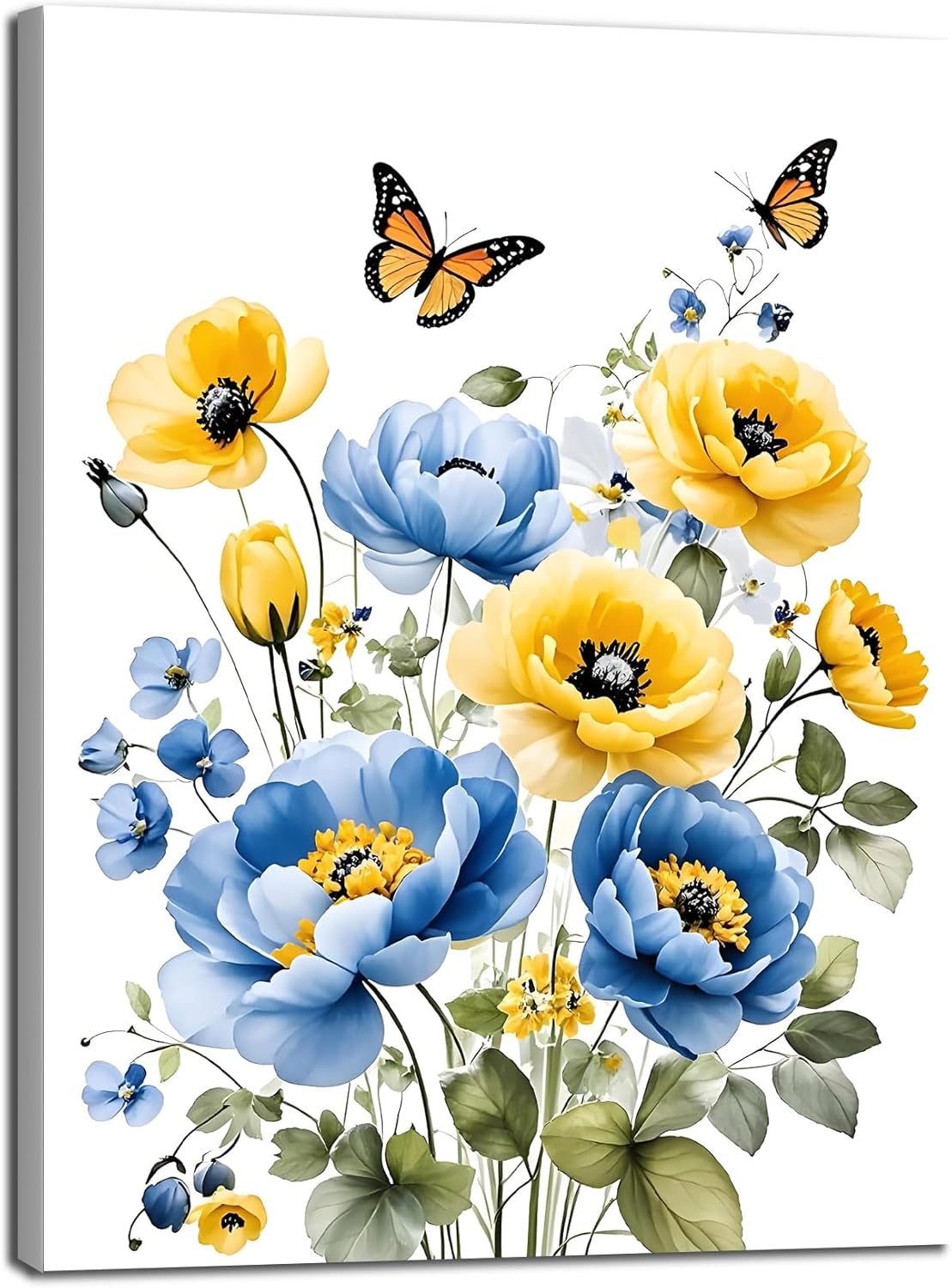 Blue and Yellow Floral Framed Canvas Wall Art, 16L X 12W inch | Rustic Wildflower Green Leaf Butterfly Flower Pictures Wall Decor Living Room Bedroom Bathroom Wall Art Ready to Hang