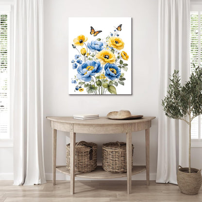 Blue and Yellow Floral Framed Canvas Wall Art, 16L X 12W inch | Rustic Wildflower Green Leaf Butterfly Flower Pictures Wall Decor Living Room Bedroom Bathroom Wall Art Ready to Hang