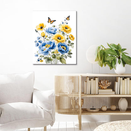 Blue and Yellow Floral Framed Canvas Wall Art, 16L X 12W inch | Rustic Wildflower Green Leaf Butterfly Flower Pictures Wall Decor Living Room Bedroom Bathroom Wall Art Ready to Hang