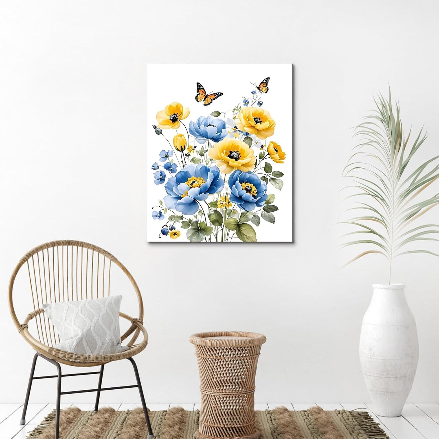 Blue and Yellow Floral Framed Canvas Wall Art, 16L X 12W inch | Rustic Wildflower Green Leaf Butterfly Flower Pictures Wall Decor Living Room Bedroom Bathroom Wall Art Ready to Hang