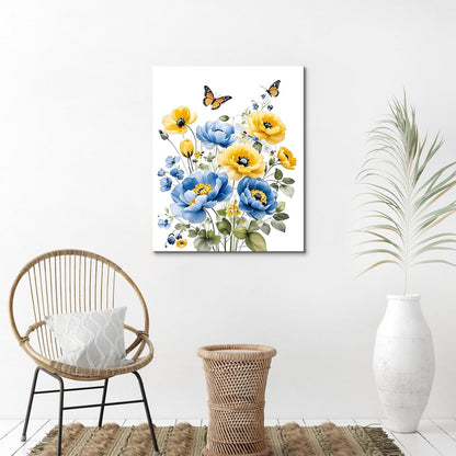 Blue and Yellow Floral Framed Canvas Wall Art, 16L X 12W inch | Rustic Wildflower Green Leaf Butterfly Flower Pictures Wall Decor Living Room Bedroom Bathroom Wall Art Ready to Hang
