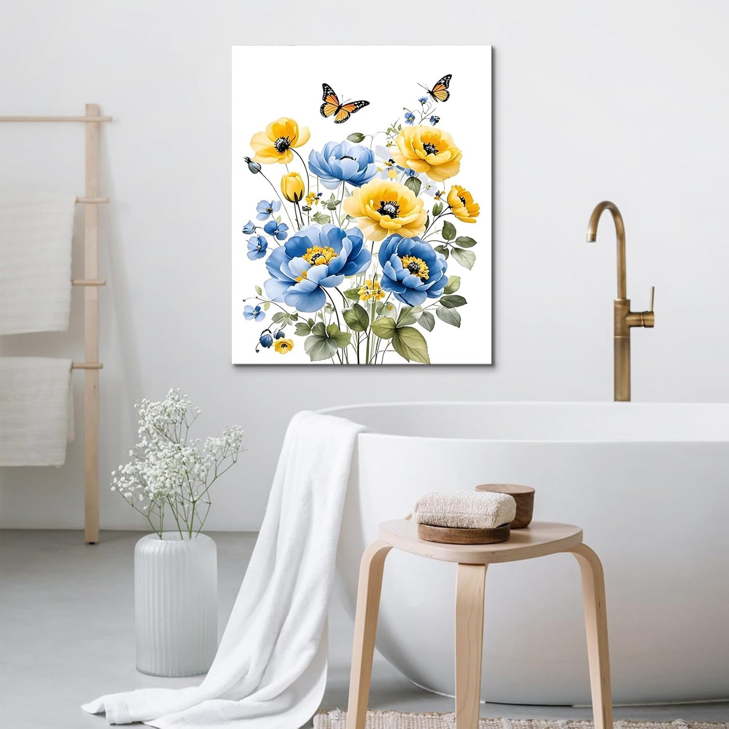 Blue and Yellow Floral Framed Canvas Wall Art, 16L X 12W inch | Rustic Wildflower Green Leaf Butterfly Flower Pictures Wall Decor Living Room Bedroom Bathroom Wall Art Ready to Hang