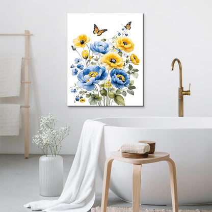 Blue and Yellow Floral Framed Canvas Wall Art, 16L X 12W inch | Rustic Wildflower Green Leaf Butterfly Flower Pictures Wall Decor Living Room Bedroom Bathroom Wall Art Ready to Hang