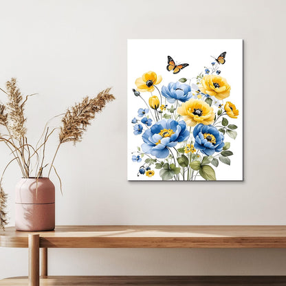 Blue and Yellow Floral Framed Canvas Wall Art, 16L X 12W inch | Rustic Wildflower Green Leaf Butterfly Flower Pictures Wall Decor Living Room Bedroom Bathroom Wall Art Ready to Hang