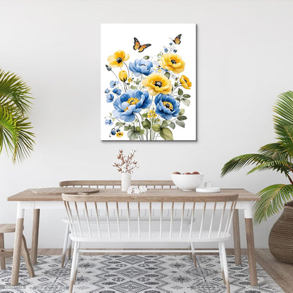 Blue and Yellow Floral Framed Canvas Wall Art, 16L X 12W inch | Rustic Wildflower Green Leaf Butterfly Flower Pictures Wall Decor Living Room Bedroom Bathroom Wall Art Ready to Hang