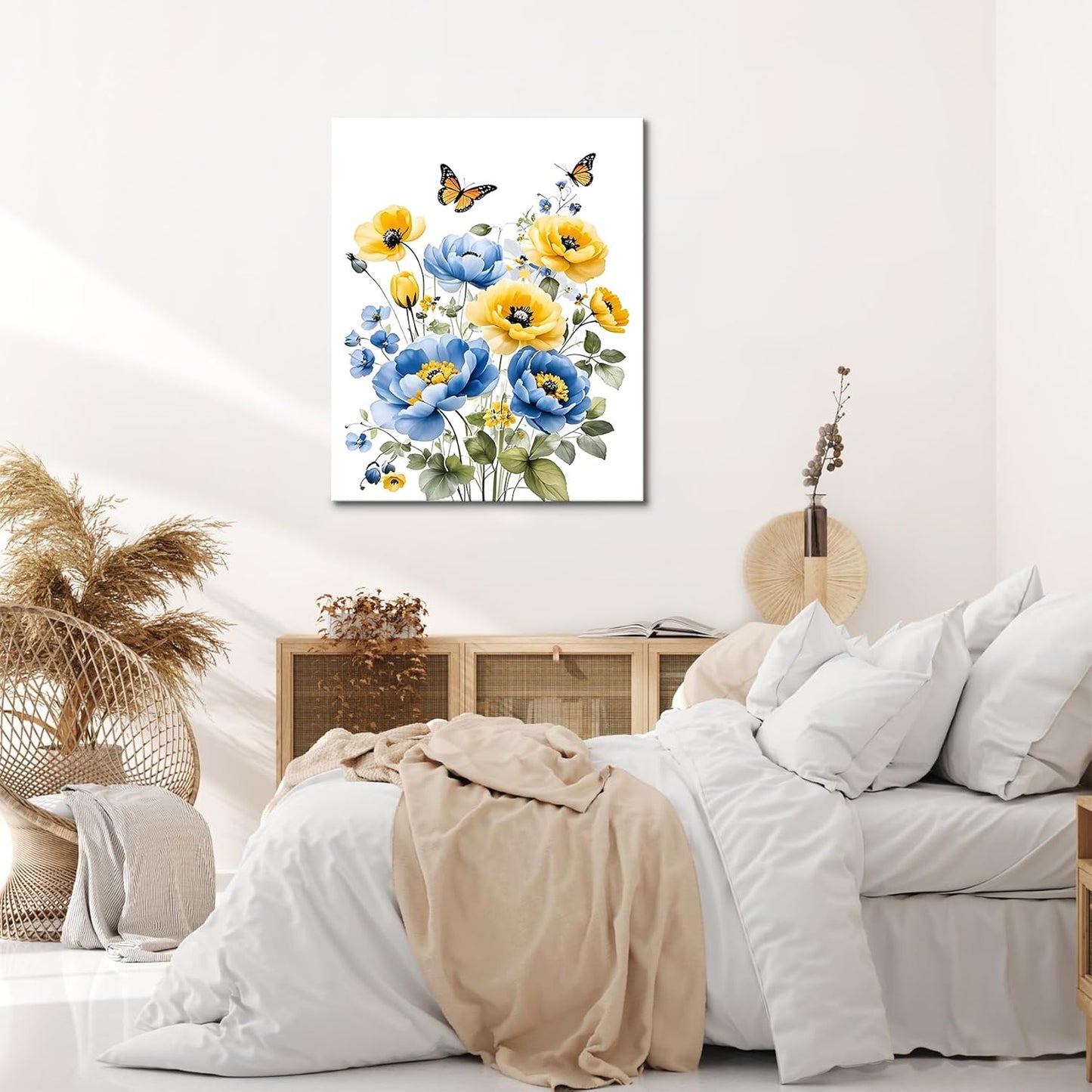 Blue and Yellow Floral Framed Canvas Wall Art, 16L X 12W inch | Rustic Wildflower Green Leaf Butterfly Flower Pictures Wall Decor Living Room Bedroom Bathroom Wall Art Ready to Hang