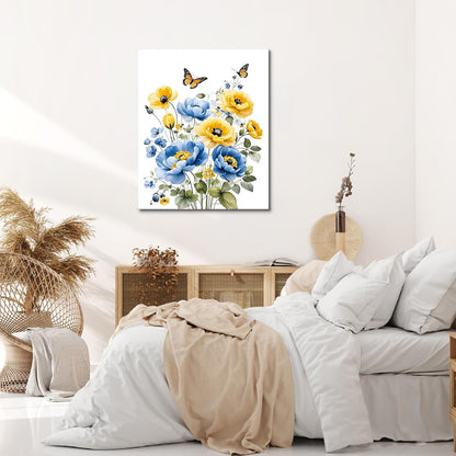 Blue and Yellow Floral Framed Canvas Wall Art, 16L X 12W inch | Rustic Wildflower Green Leaf Butterfly Flower Pictures Wall Decor Living Room Bedroom Bathroom Wall Art Ready to Hang