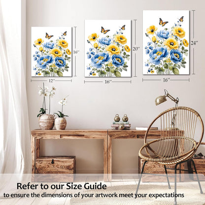 Blue and Yellow Floral Framed Canvas Wall Art, 16L X 12W inch | Rustic Wildflower Green Leaf Butterfly Flower Pictures Wall Decor Living Room Bedroom Bathroom Wall Art Ready to Hang