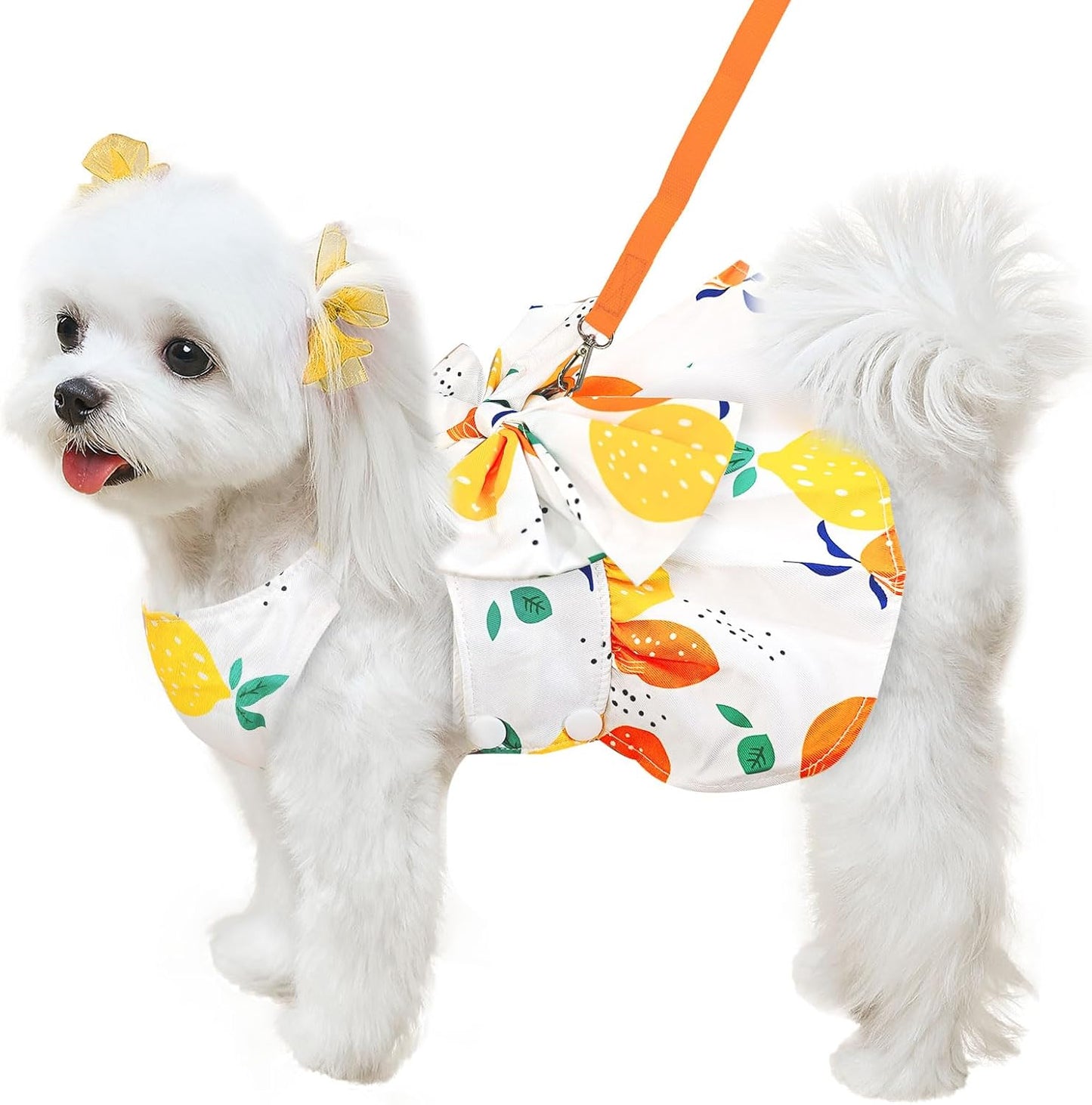 Cute Dog Dress Small Dog Clothes for Girls Female Puppy Outfits Yellow Lemon Pet Summer Clothes Bowknot Doggy Cat Princess Dress Harness for Holiday Birthday Party Costume Clothing (Yellow,S)
