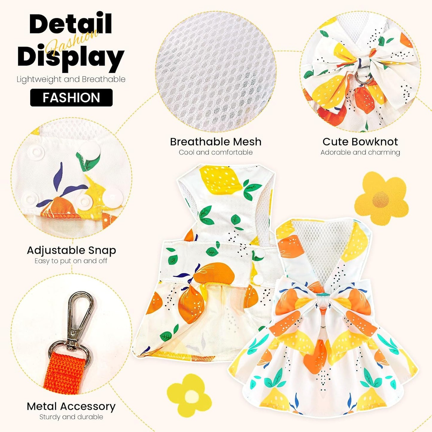Cute Dog Dress Small Dog Clothes for Girls Female Puppy Outfits Yellow Lemon Pet Summer Clothes Bowknot Doggy Cat Princess Dress Harness for Holiday Birthday Party Costume Clothing (Yellow,S)