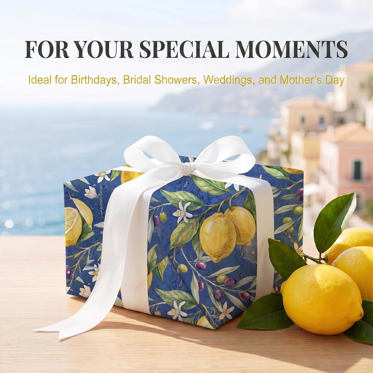 Watercolor Citrus Wrapping Paper, 19.6 x 27.5 in, 2 Sheets | 120gsm watercolor citrus paper for birthdays, baby showers, weddings and rustic summer gifts