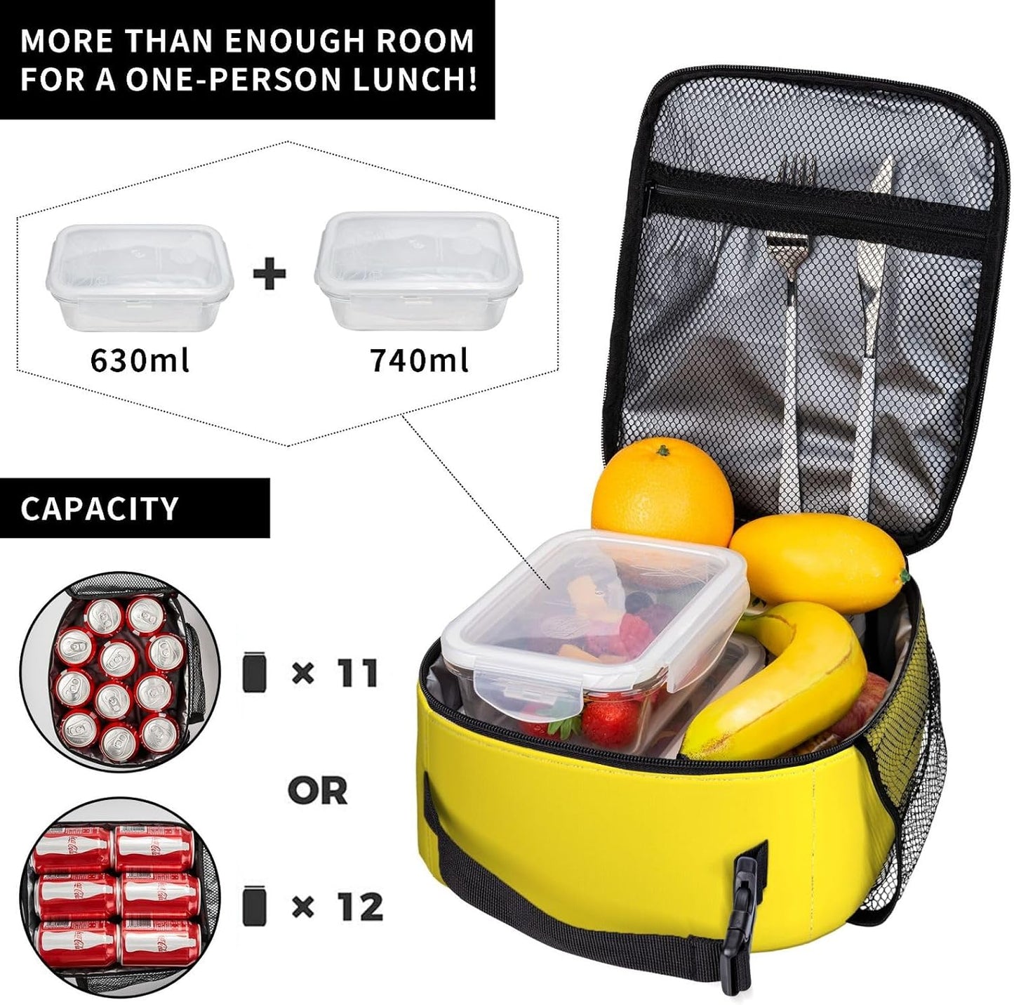 Yellow Lunch Box for Women Men Reusable Insulated Portable Lunch Bag Cooler Thermal Leakproof Tote Lunchbox for Adults Office Work Picnic Travel