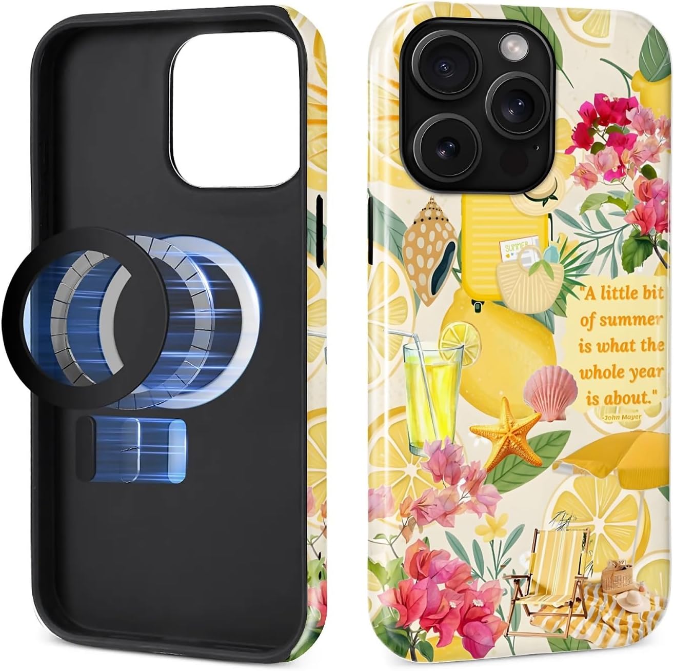Case for iPhone 15 Pro,Compatible with MagSafe,Magentic Hybrid 2 Layer Protective Shockproof Cover for Women Girls-Coastal Italy Lemon Beach Collage