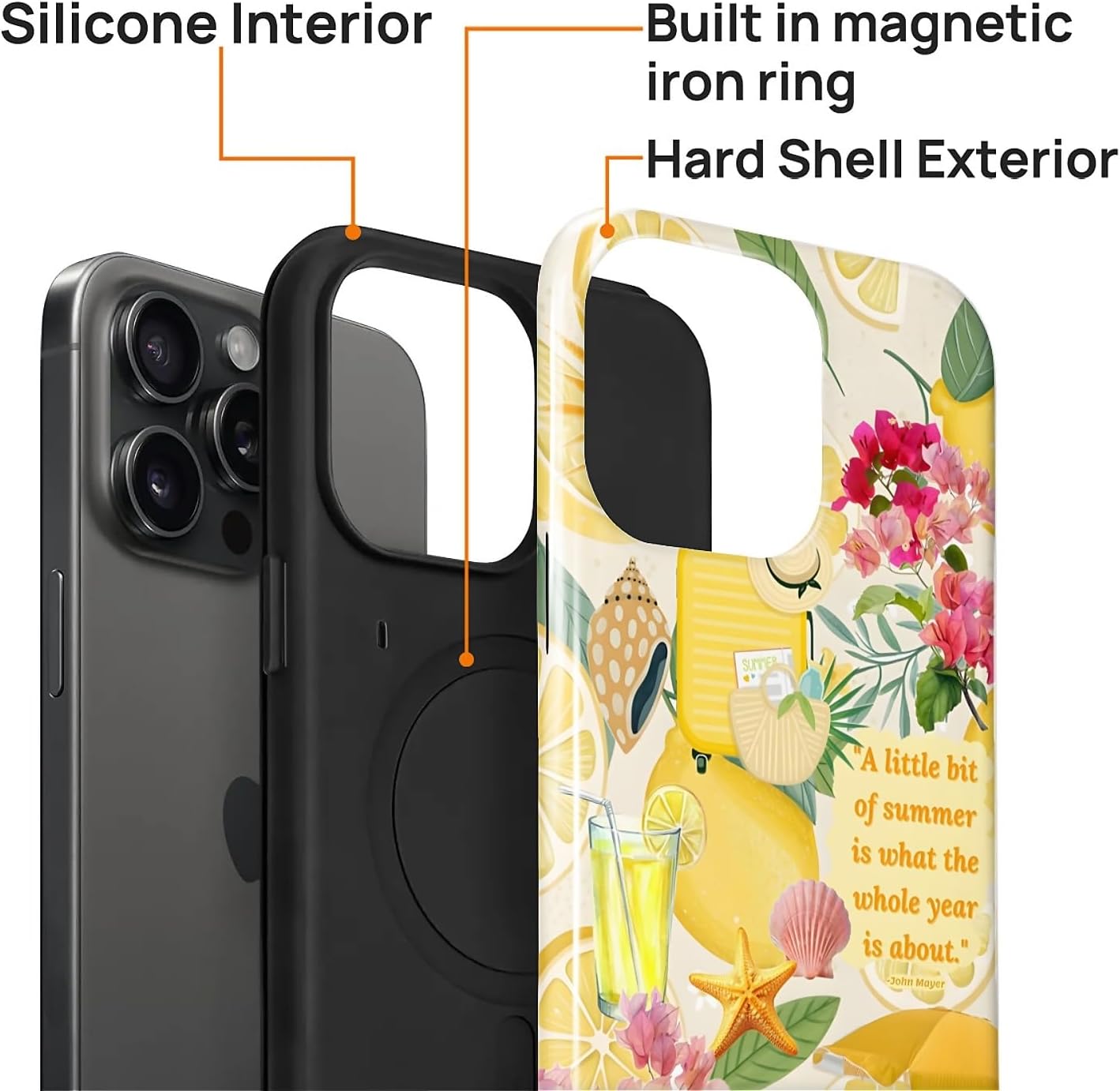 Case for iPhone 15 Pro,Compatible with MagSafe,Magentic Hybrid 2 Layer Protective Shockproof Cover for Women Girls-Coastal Italy Lemon Beach Collage