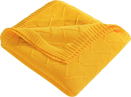 Rayon Cotton Cable Knitted Throw Blanket, 51x67 Breathable and Silky Soft Chevron Textured RPET Decorative Blanket for Couch, Sofa, Bed, Machine Washable, Golden Yellow